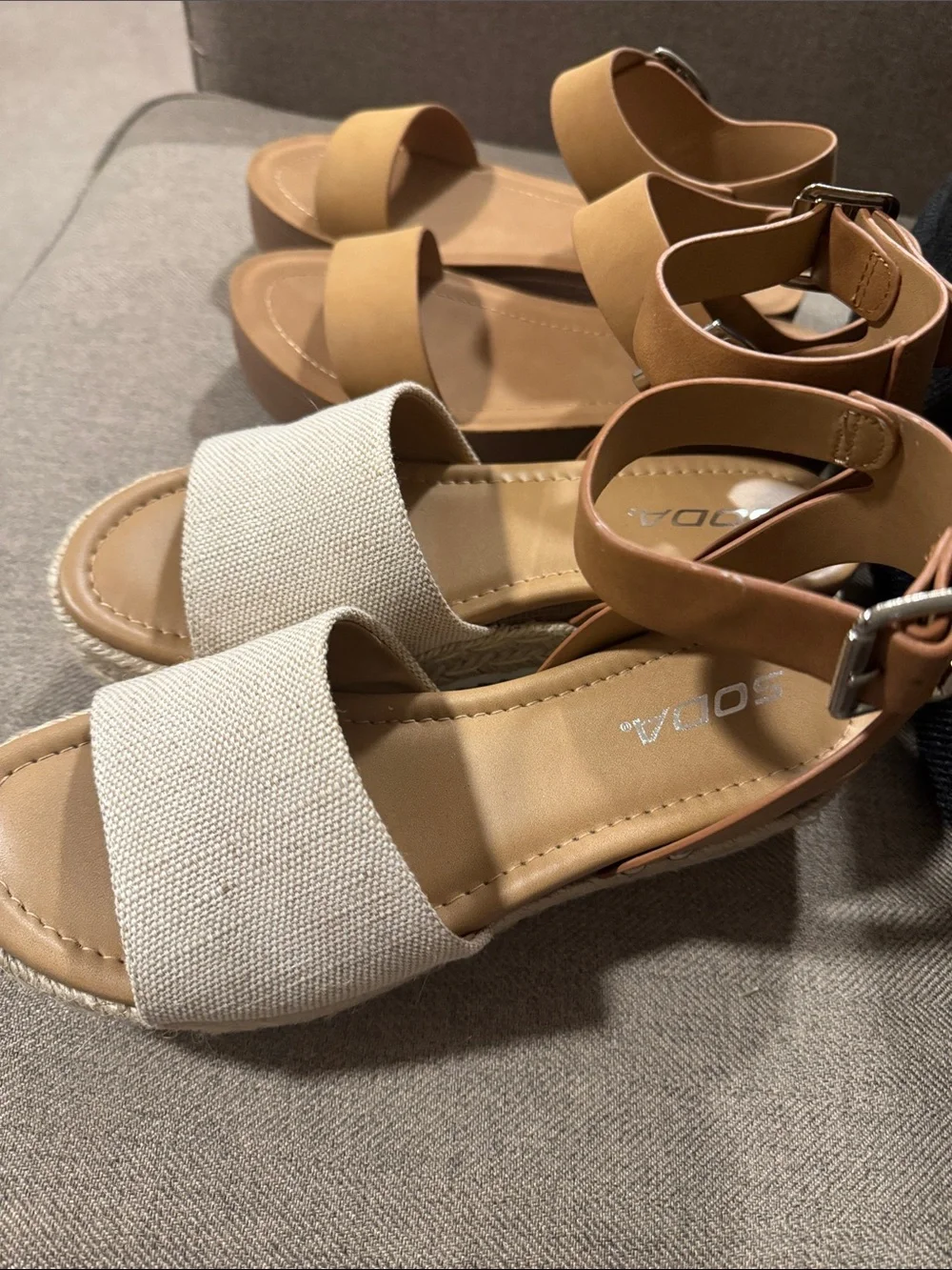 Two pair of Soda Sandals. Tan and Cream Wedge Sandals and Tan Wedge Sandals - Picture 4 of 9